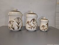 Front view of three ceramic canisters with floral design, varying sizes from large to small.