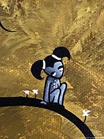 Close-up of the girl figure sitting on the curled branch in the painting, showing black and gray details with a golden textured background