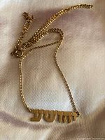 Overhead shot of gold chain and Hebrew name plate pendant on fabric background