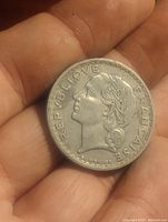 Obverse side of the 1949 France 5 Francs coin showing Marianne profile and REPUBLIQUE FRANÇAISE inscription