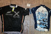 Two men's cycling jerseys side by side showing logos and color design.
