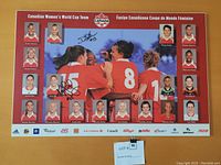 Full view of vintage mounted Canada Women's World Cup soccer team poster with player photos, team action photo, and sponsor logos, showing two black ink signatures.