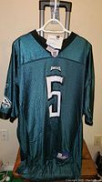 Front view of vintage green Philadelphia Eagles jersey with Donovan McNabb #5 number, Eagle logo on sleeves, hanging on a chair.