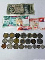 Photo of various banknotes and coins showing 100 Austrian Schilling note, Singapore 5 and 10 dollar notes, and a collection of assorted international coins