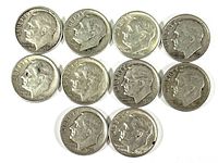 Obverse side (front) of ten different vintage U.S. Roosevelt silver dimes in various states of wear.