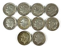 Front side of 10 Roosevelt silver dimes showing the obverse with President Roosevelt's profile and mint years.
