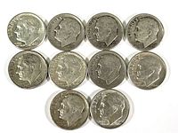 Obverse side of 10 Roosevelt dimes showing profile of Franklin D. Roosevelt with visible mint dates ranging from 1940s to 1960s.