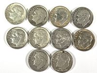 Obverse sides of 10 Roosevelt dimes showing heads of Franklin D. Roosevelt, years visible include 1946, 1956, 1960-64.