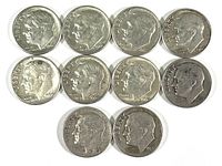 Front side of 10 Roosevelt silver dimes displaying the portrait of Franklin D. Roosevelt, with visible mint years ranging mostly from the 1950s to 1960s.
