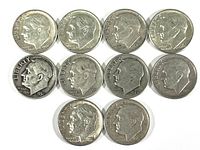 Obverse side of 10 U.S. Roosevelt dimes showing Franklin D. Roosevelt profile and date years ranging from 1940s to 1960s with varying wear levels.