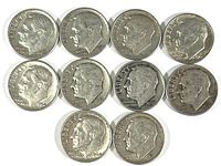 Obverse side of 10 U.S. Roosevelt dimes from the 1940s-1960s showing the portrait and varying mint years.