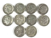Obverse sides of the 10 Roosevelt silver dimes showing profile of Franklin Roosevelt and mint years starting with 1953, 1957, 1962, and others.