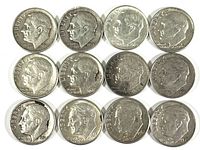 Front side of 12 Roosevelt silver dimes dated 1945 to 1964.