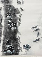 Close-up of the river boats and riverside houses showing brush detail and ink work.