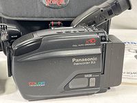 Left-side view of the black Panasonic VHS-C camcorder showing branding, model number PV-IQ403, and color viewfinder label.