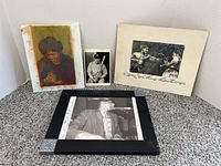 Lot group including postcard of Babe Ruth, signed canvas, signed boxing print, and framed b/w photo of musician