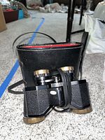 Front view of the Glanz binoculars with carrying case, showing textured black body and gold adjustment dials.
