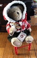 Front view of Boyd's Hannah Woolsbeary bear seated on a small red wooden chair holding Hootle the owl plush, showing dress, jacket, and attached tag.