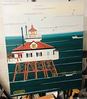 Front view of the lighthouse painting on canvas showing the full 30x30 inch artwork with detailed structure of lighthouse on stilts in ocean water, small boat and seagulls.