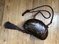 Full view of the reptile dyed skin clutch with amber beaded strap and tassel, showing overall shape and strap length.