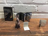 Front view of the Hyzenthlay figurine in front of the box and informational inserts on a wooden surface.