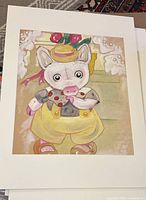 Full view of the watercolor illustration with matting showcasing the pig character in colorful clothing.
