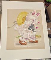 Full view of pig character watercolor painting with a yellow hat and pink dress