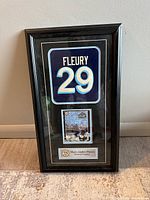 Front view of framed Marc-Andre Fleury picture showing number 29, hockey card and nameplate