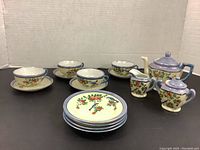 Photo showing arrangement of entire children’s tea set including cups, saucers, teapot, sugar bowl, cream pitcher, and side plates with floral design and lavender accents