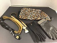 Photo of all items in the lot arranged together on black background: two pairs of gloves, three belts, scarf, and small bow.