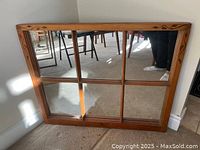 Full front view of the pine window frame mirror showing the six mirrored panels and overall rectangular shape.