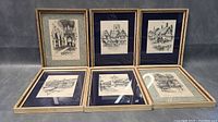Six framed black and white architectural drawings by Joseph Pir, laid out on a grey surface showing detail and framing.
