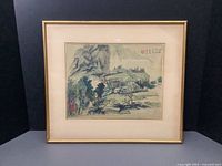 Full view of framed Japanese ink on silk landscape painting showing frame and art details