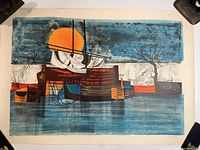 Full artwork showing stylized sailboat, sun, abstract shapes, and water in lithograph style.