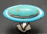Close-up top view of the sterling silver ring showing the large oval turquoise stone with surrounding turquoise inlay sections.