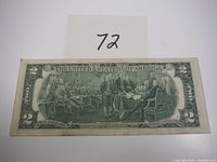 Reverse side of the 1976 US $2 bill showing the signed Declaration of Independence scene.