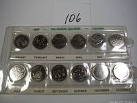 Full view of set showing all 12 1999 Canadian millennium quarters in plastic holder labeled with months and year.