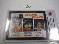 1977-78 O-Pee-Chee NHL scoring leaders card showing Guy Lafleur, Brian Trottier, Darryl Sittler with team names Canadiens, Islanders, Maple Leafs