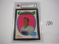 Photo showing front of 1971-72 O-Pee-Chee #1 Poul Popiel hockey card in graded slab, clear grade 6 (ENM) with Canucks player portrait and design