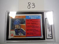 Front of the Wayne Gretzky 1982-83 O-Pee-Chee card with Edmonton Oilers team leader stats and image, graded 7.5 NM+ by KSA.