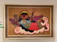 Full view of framed folk art painting on burlap with a wooden frame.