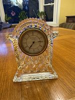 Full view of Waterford crystal clock displaying its shape and intricate crystal cut patterns