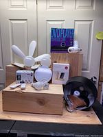 Shows entire lot including DVD player box, ceiling fans with blades, LED bulbs, phone stand with USB fan, light fixture, and home cameras.