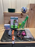 Full view of all pet care items including feeding bowl, brush, leash, collar, rubber mat, and various chew toys plus electronic mouse toy