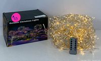 A bundle of warm white outdoor string lights alongside their box and a remote control for lighting modes and brightness.