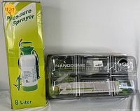 Photo of the 8L pressure sprayer box and the sealed garden tool set package side by side on a white background.