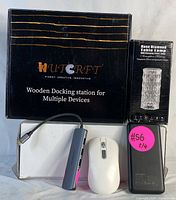 Box containing the wooden docking station, a white wireless mouse, a black power bank, a grey USB hub, and the Rose Diamond USB crystal table lamp in its packaging.