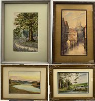 Four framed handcrafted pictures displayed together showing various landscapes and village scenes