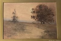 Close-up of the watercolour painting showing tree and path details with muted color tones.