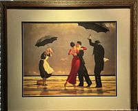 Full front view of the framed print showing four figures on a beach: a dancing couple and two umbrella holders, one on each side.